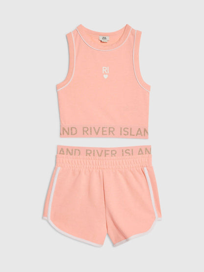 Dsiney Kidz - River Island Coral Pink Logo Waistband Tank & Short Set image 1