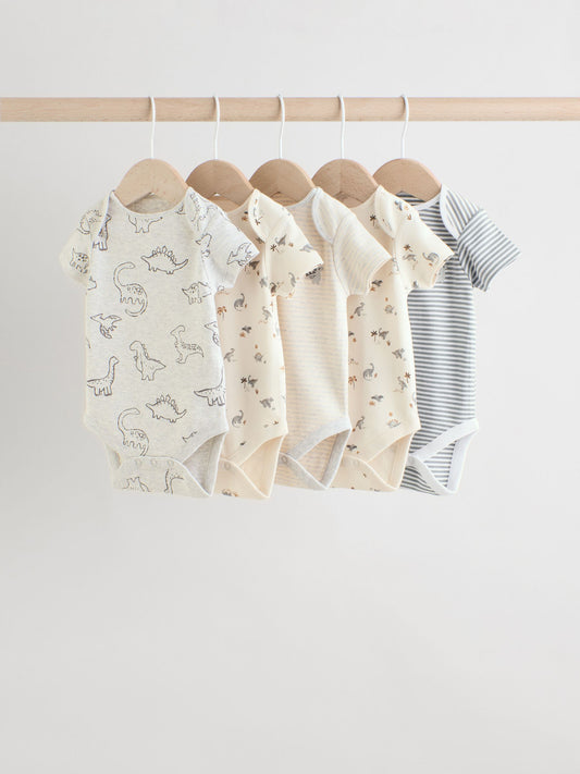 Grey Dinosaur Short Sleeve Baby Bodysuits 5 Pack image 1