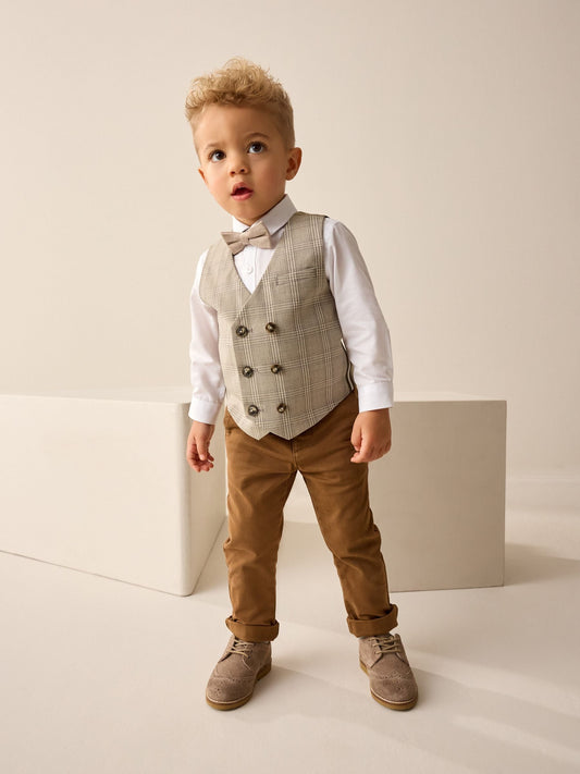 Neutral Check Waistcoat Set With Shirt And Bow Tie (3mths-7yrs) image 1