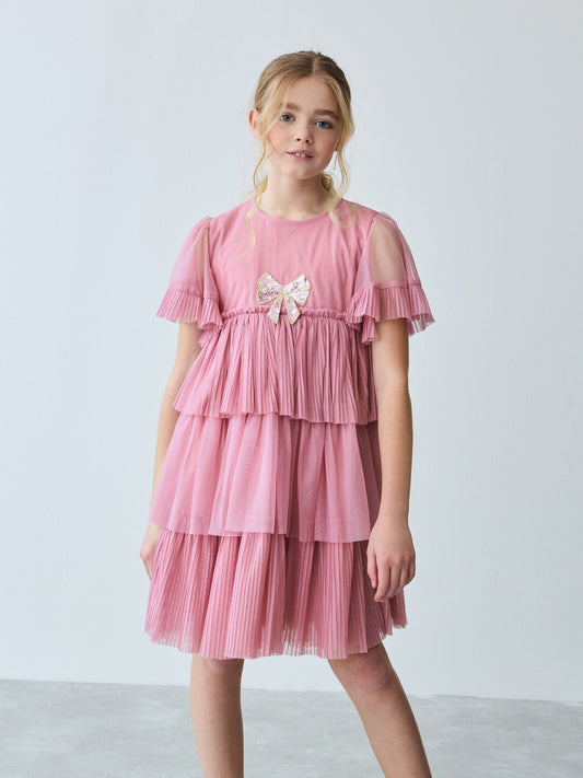 Baker by Ted Baker Pink Pleated Tier Mesh Dress