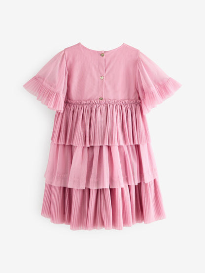 Baker by Ted Baker Pink Pleated Tier Mesh Dress