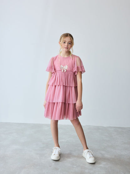 Baker by Ted Baker Pink Pleated Tier Mesh Dress