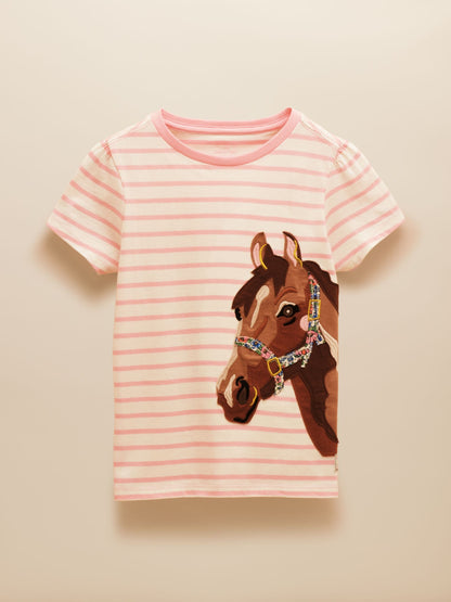 Joules Girls' Astra Pink Stripe Horse Applique Cotton T-Shirt image 1