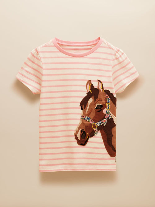 Joules Girls' Astra Pink Stripe Horse Applique Cotton T-Shirt image 1