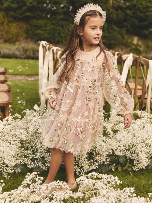 Dsiney Kidz - Pink/Gold Embroidered Sequin Long Sleeve Mesh Occasion Dress (4-14yrs) image 1