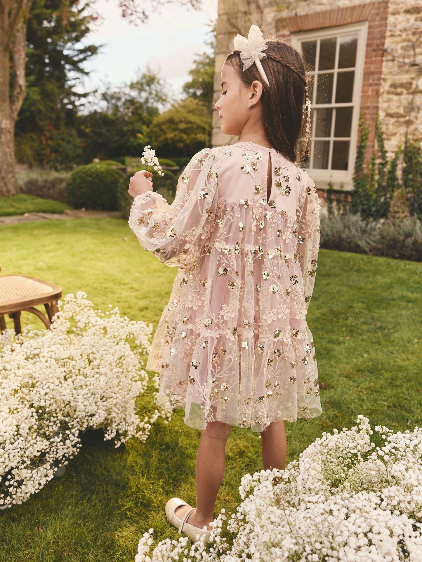 Pink/Gold Embroidered Sequin Long Sleeve Mesh Occasion Dress (4-14yrs)