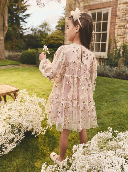 Pink/Gold Embroidered Sequin Long Sleeve Mesh Occasion Dress (4-14yrs)