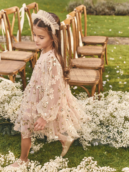 Pink/Gold Embroidered Sequin Long Sleeve Mesh Occasion Dress (4-14yrs)