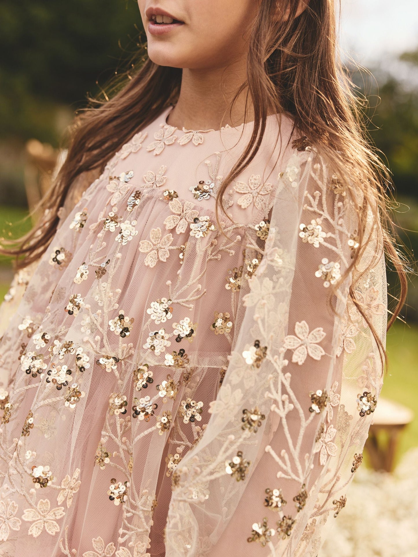 Pink/Gold Embroidered Sequin Long Sleeve Mesh Occasion Dress (4-14yrs)