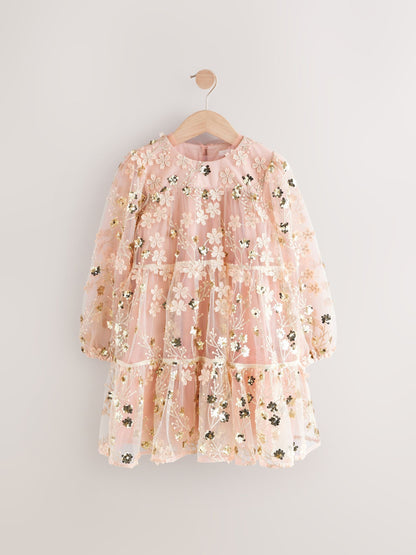 Pink/Gold Embroidered Sequin Long Sleeve Mesh Occasion Dress (4-14yrs)