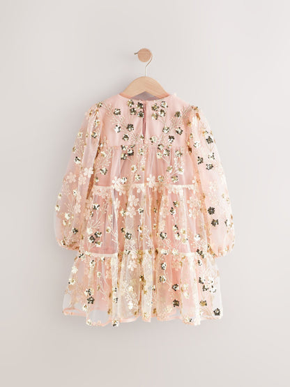 Pink/Gold Embroidered Sequin Long Sleeve Mesh Occasion Dress (4-14yrs)