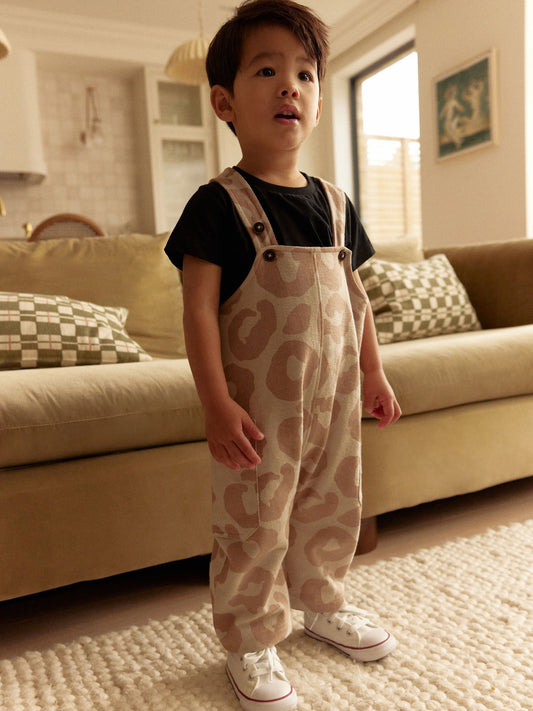 Tan Brown Animal Print 100% Cotton Jersey Dungaree And T-Shirt Set (3mths-7yrs) image 1