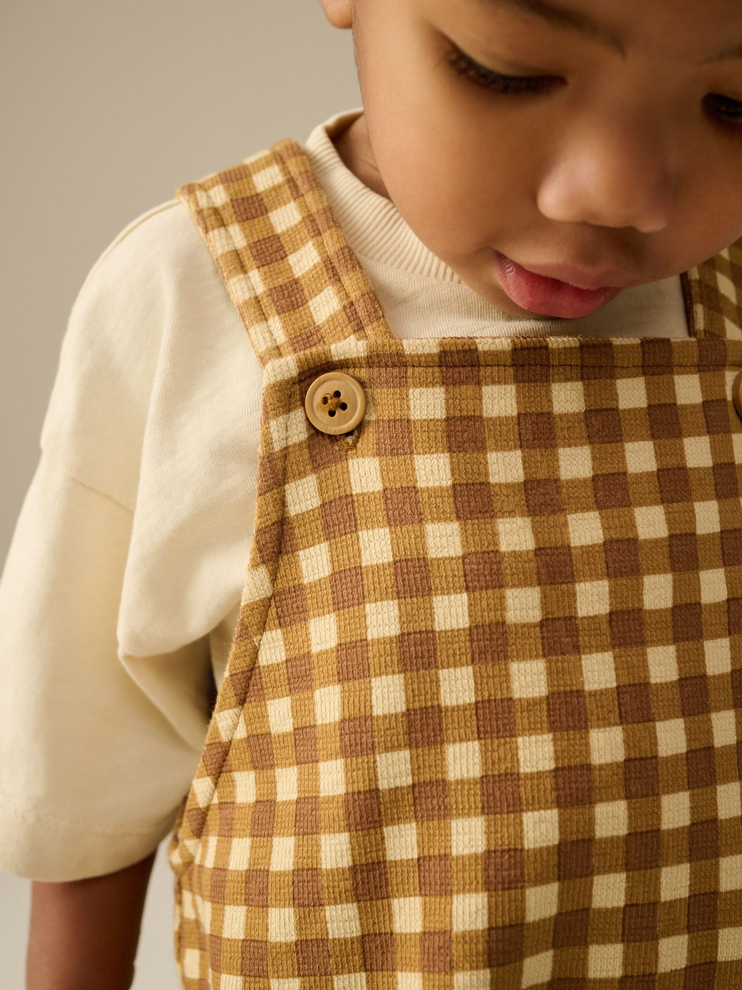 Tan Brown Gingham Jersey Dungaree and Short Sleeve T-Shirt Set (3mths-7yrs)