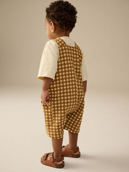 Tan Brown Gingham Jersey Dungaree and Short Sleeve T-Shirt Set (3mths-7yrs)