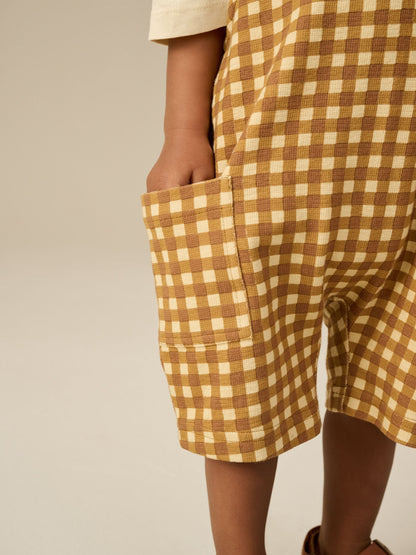 Tan Brown Gingham Jersey Dungaree and Short Sleeve T-Shirt Set (3mths-7yrs)