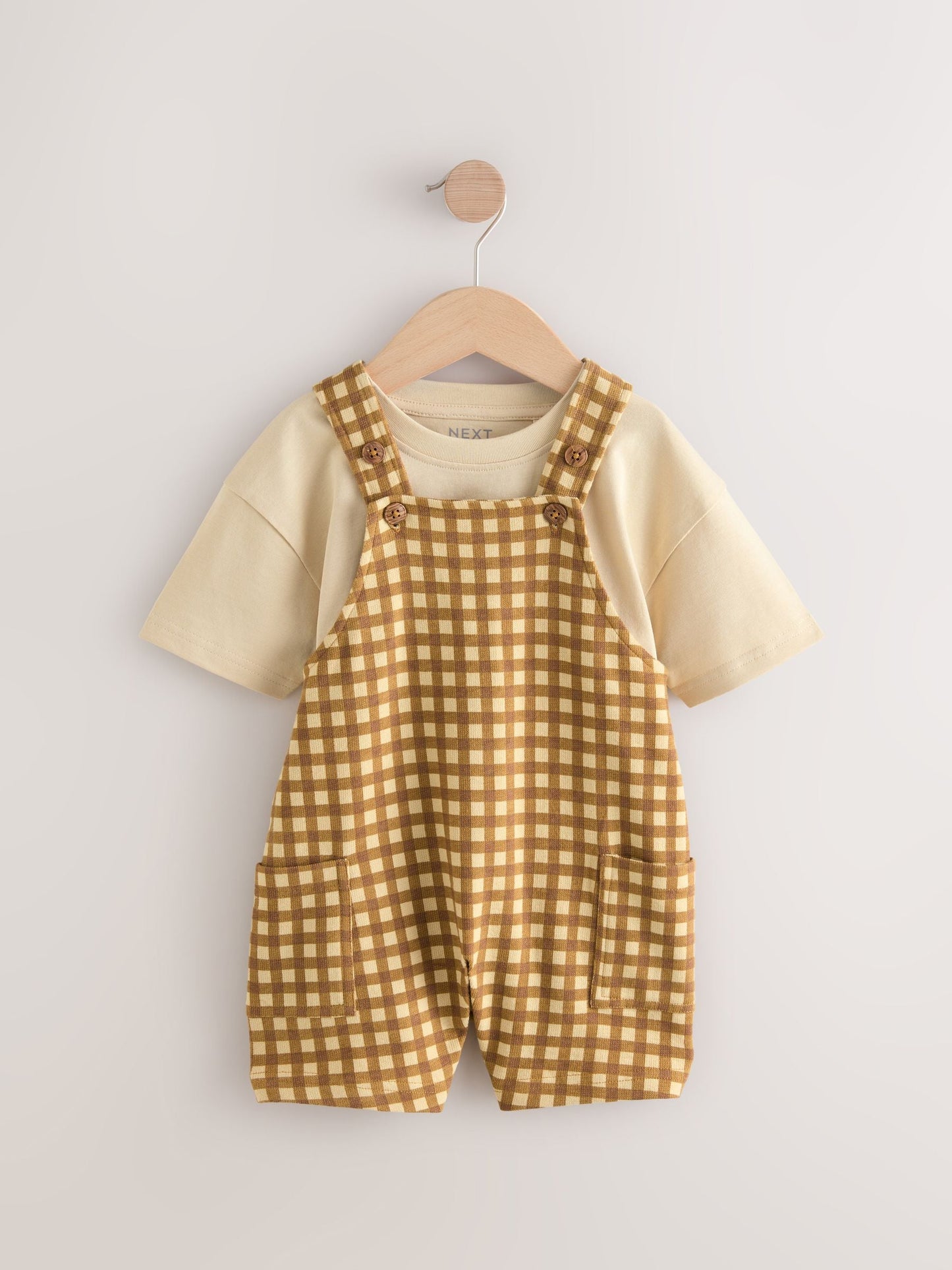 Tan Brown Gingham Jersey Dungaree and Short Sleeve T-Shirt Set (3mths-7yrs)