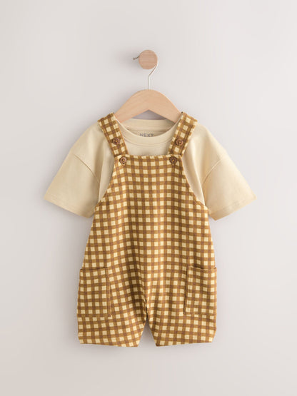 Tan Brown Gingham Jersey Dungaree and Short Sleeve T-Shirt Set (3mths-7yrs)