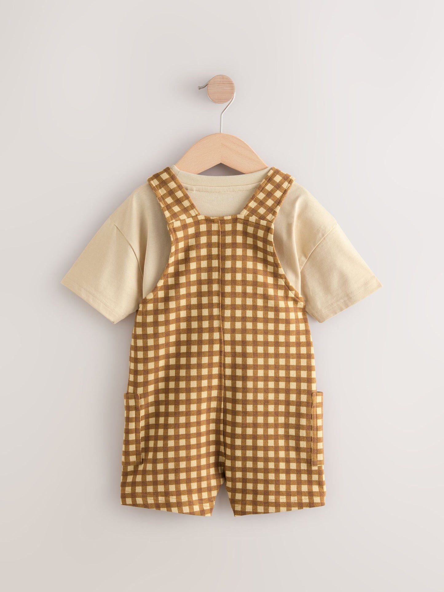 Tan Brown Gingham Jersey Dungaree and Short Sleeve T-Shirt Set (3mths-7yrs)