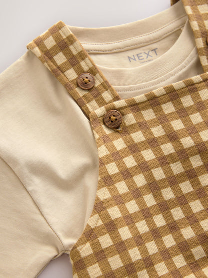 Tan Brown Gingham Jersey Dungaree and Short Sleeve T-Shirt Set (3mths-7yrs)