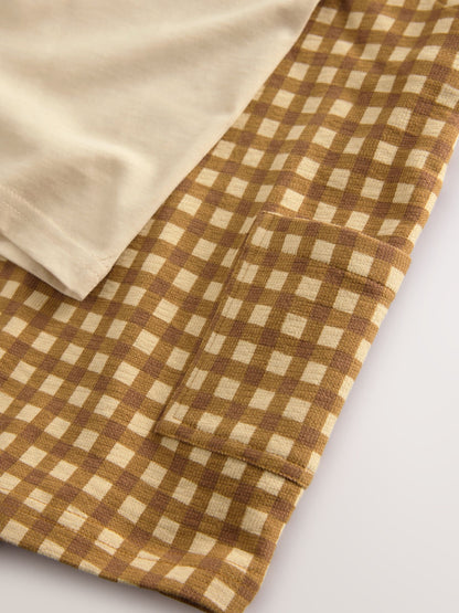 Tan Brown Gingham Jersey Dungaree and Short Sleeve T-Shirt Set (3mths-7yrs)