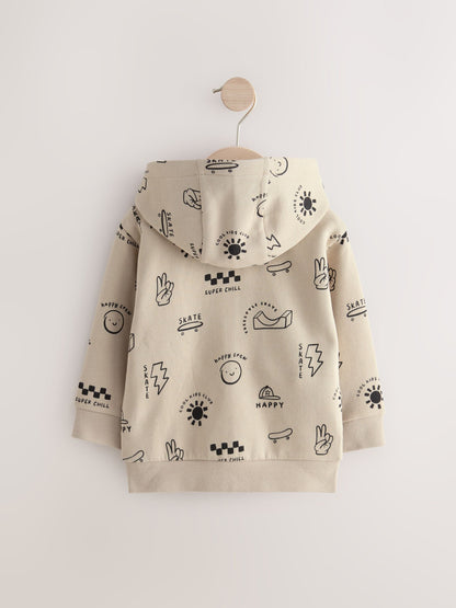 Grey 100% Cotton All Over Print Zip Through Hoodie (3mths-7yrs)