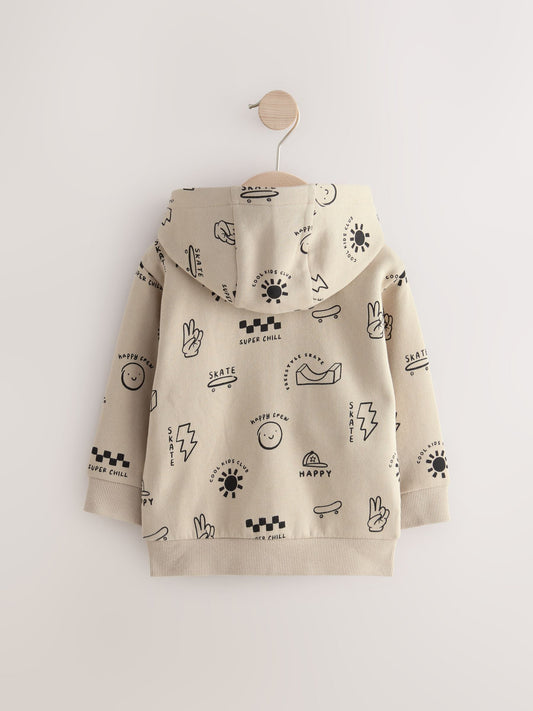 Grey 100% Cotton All Over Print Zip Through Hoodie (3mths-7yrs)