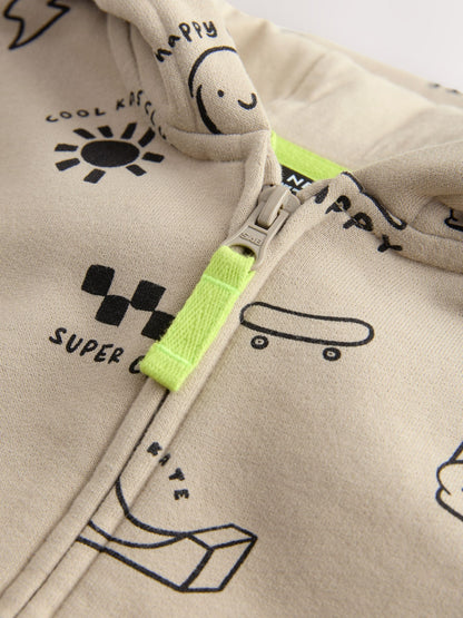 Grey 100% Cotton All Over Print Zip Through Hoodie (3mths-7yrs)