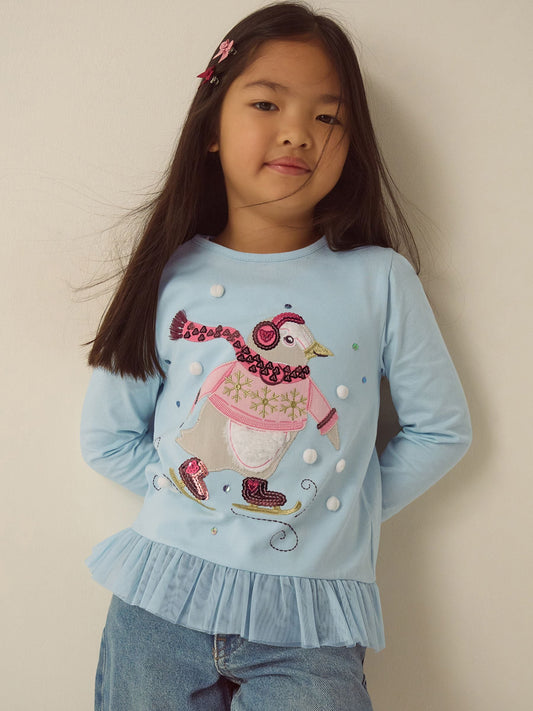 Monsoon Blue Penguin Frill Long Sleeve Top - image 1