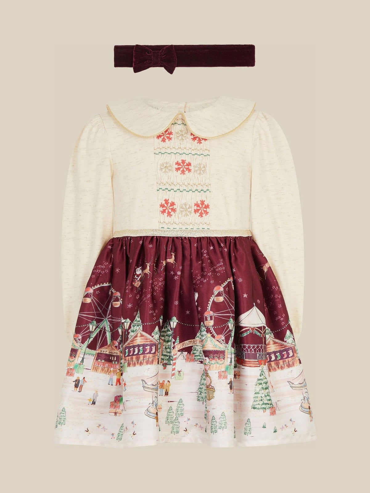 Monsoon Red Baby Christmas Scene Dress & Headband Set - image 1