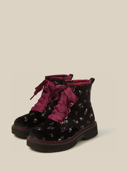 Dsiney Kidz - Monsoon Black Floral Velvet Lace-Up Boots image 1