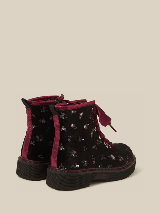 Dsiney Kidz - Monsoon Black Floral Velvet Lace-Up Boots image 2