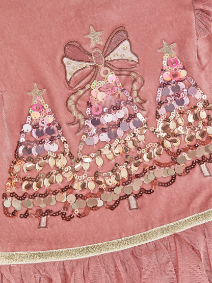 Dsiney Kidz - Monsoon Pink Sequin Christmas Tree Velvet Disco Dress image 3