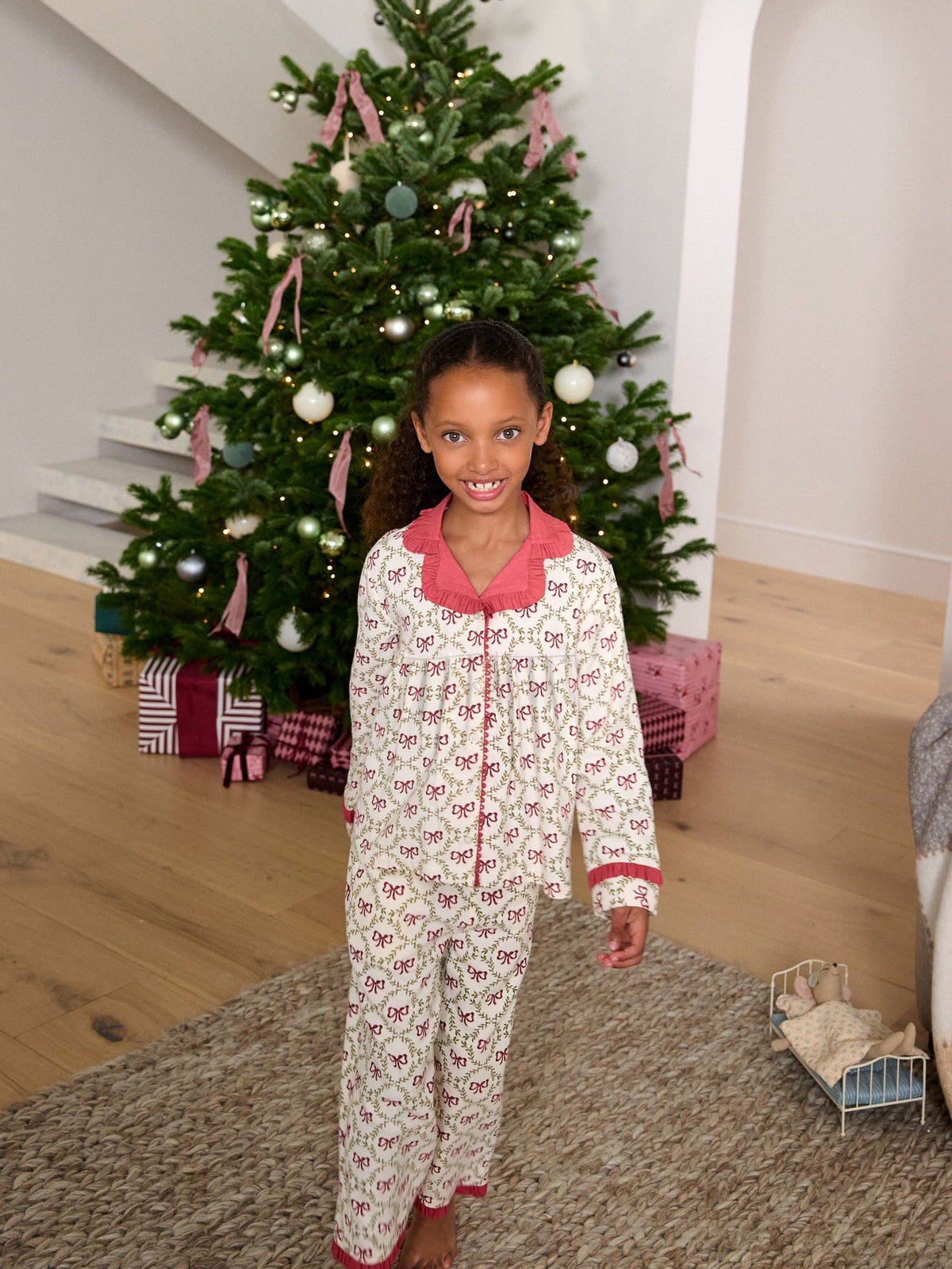 Laura Ashley Red White Bow Trellis Printed Christmas Pyjama Set - image 1