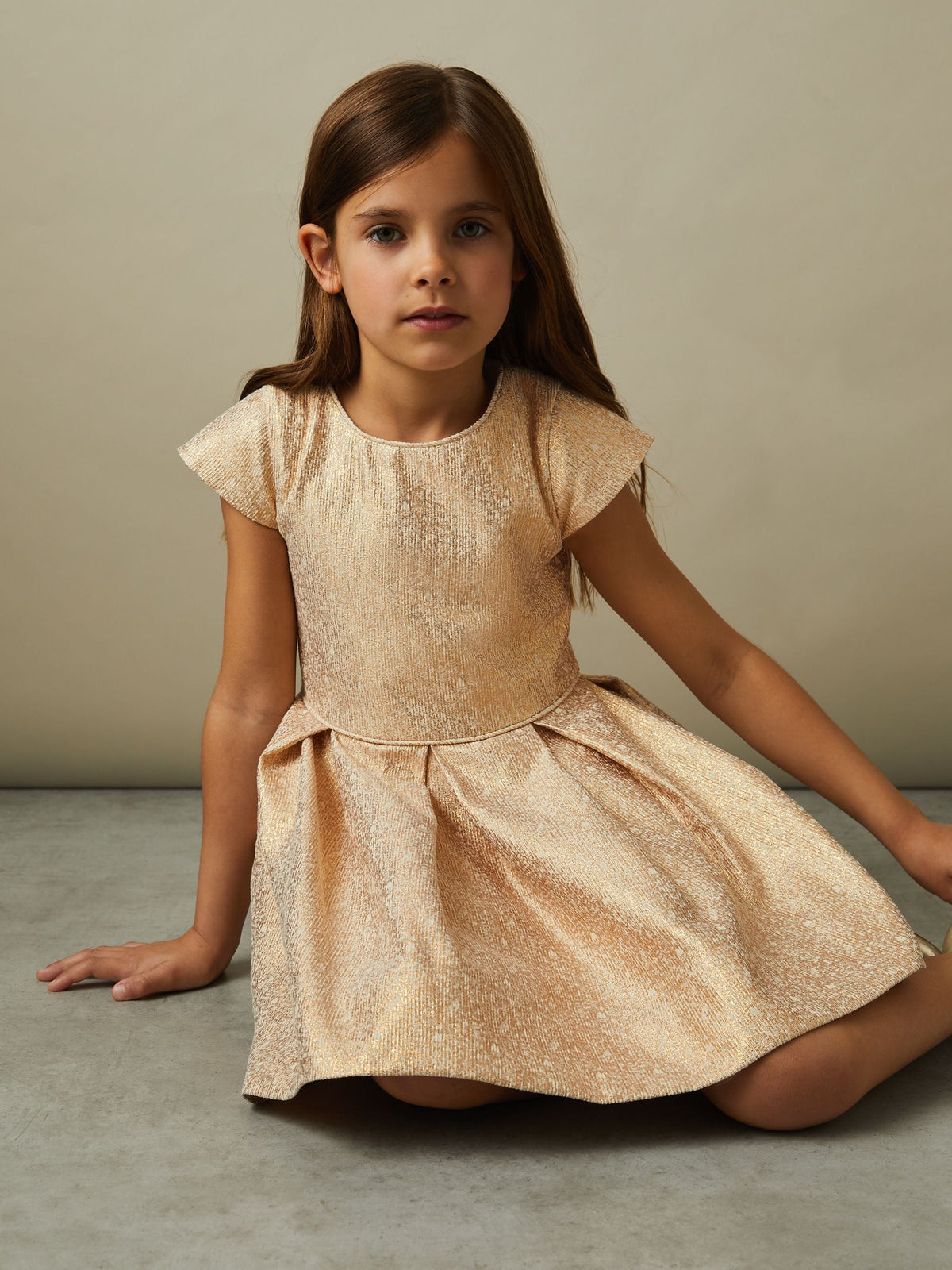 Reiss Gold Nia 9-13 yrs Metallic Pleated Cap Sleeve Dress - image 1