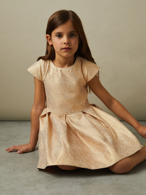 Reiss Gold Nia 9-13 yrs Metallic Pleated Cap Sleeve Dress - image 1