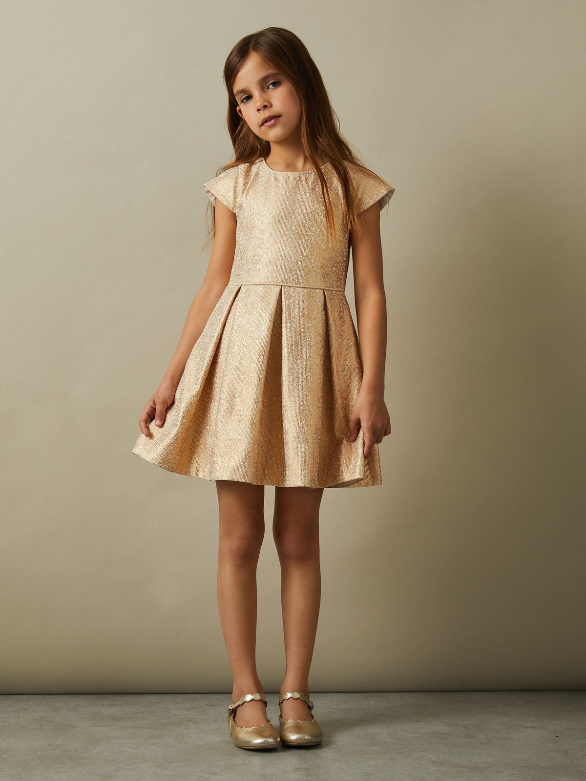 Reiss Gold Nia 9-13 yrs Metallic Pleated Cap Sleeve Dress - image 3