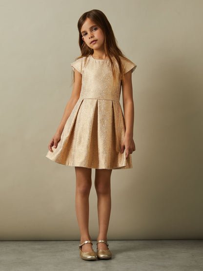 Reiss Gold Nia 9-13 yrs Metallic Pleated Cap Sleeve Dress - image 3