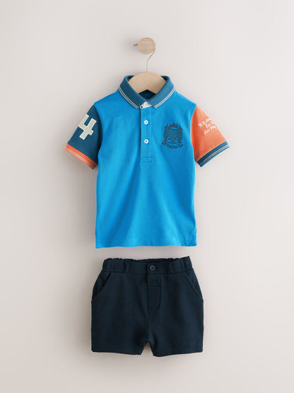 Blue/Orange Short Sleeve Polo Shirt And Shorts Set (3mths-7yrs) image 3