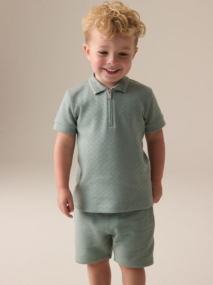 Dsiney Kidz - Sage Green Texture Short Sleeve Polo Shirt And Shorts Set (3mths-7yrs) image 1