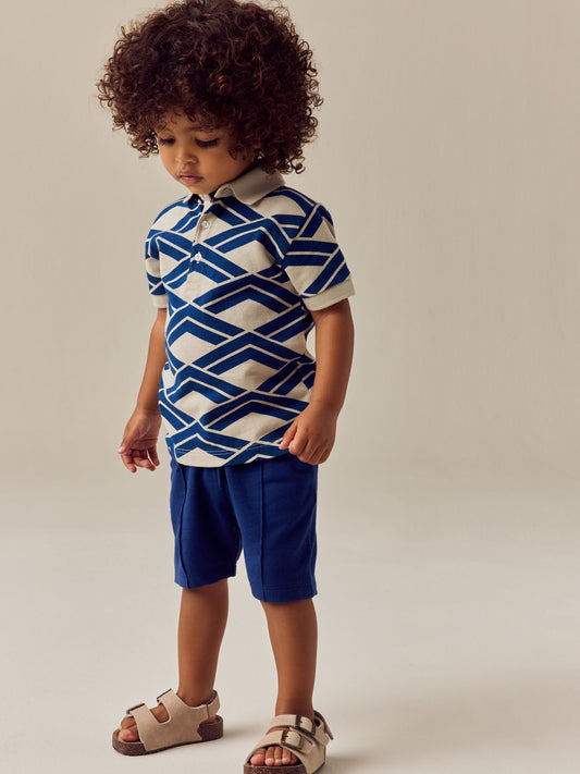 Blue Abstract Print Short Sleeve Polo Shirt And Shorts Set (3mths-7yrs) image 1