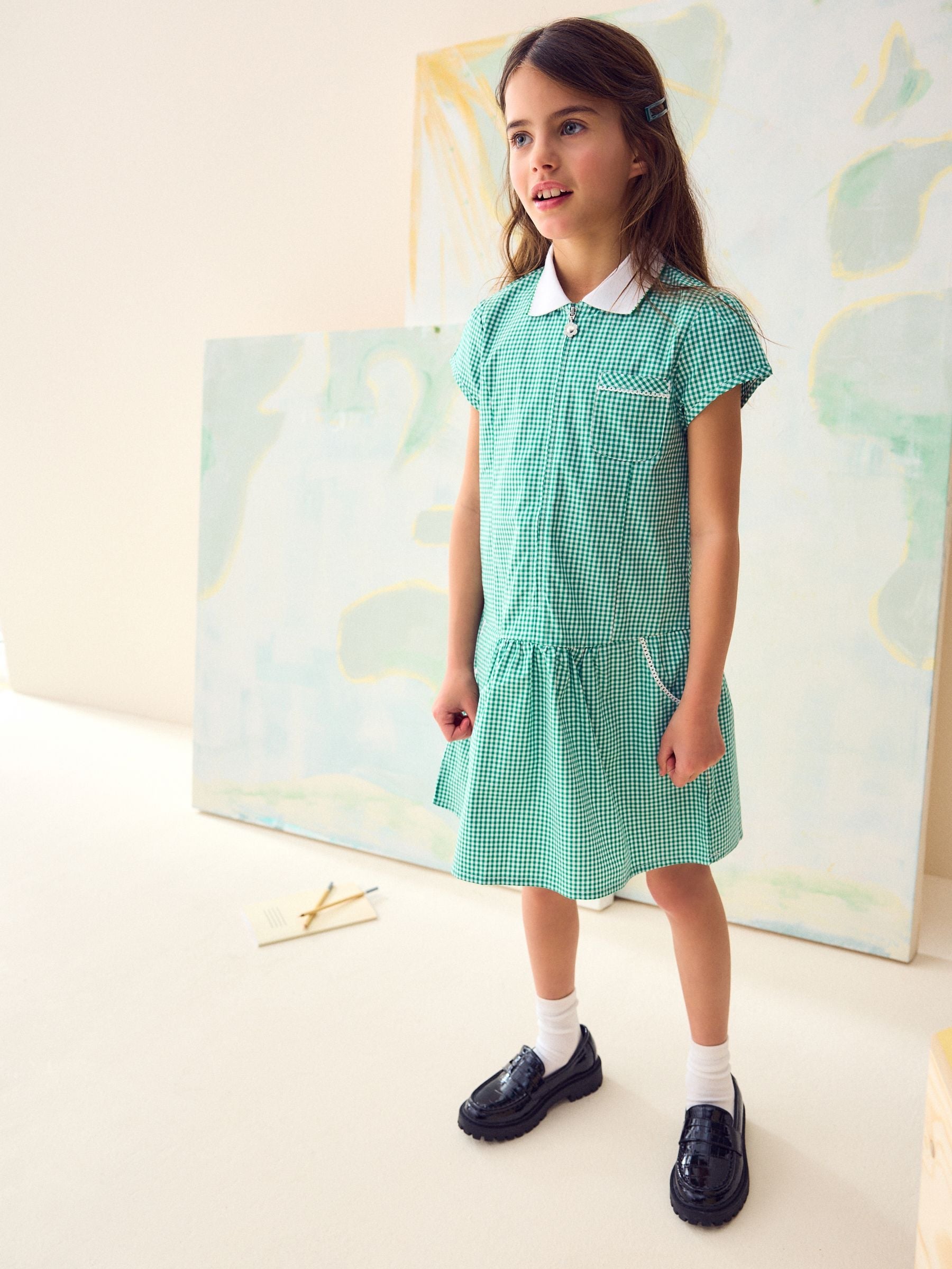 Green Zip Front Cotton Rich Gingham School Dress (3-14yrs) image 1