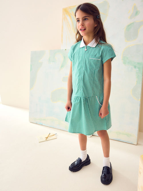 Dsiney Kidz - Green Zip Front Cotton Rich Gingham School Dress (3-14yrs) image 1