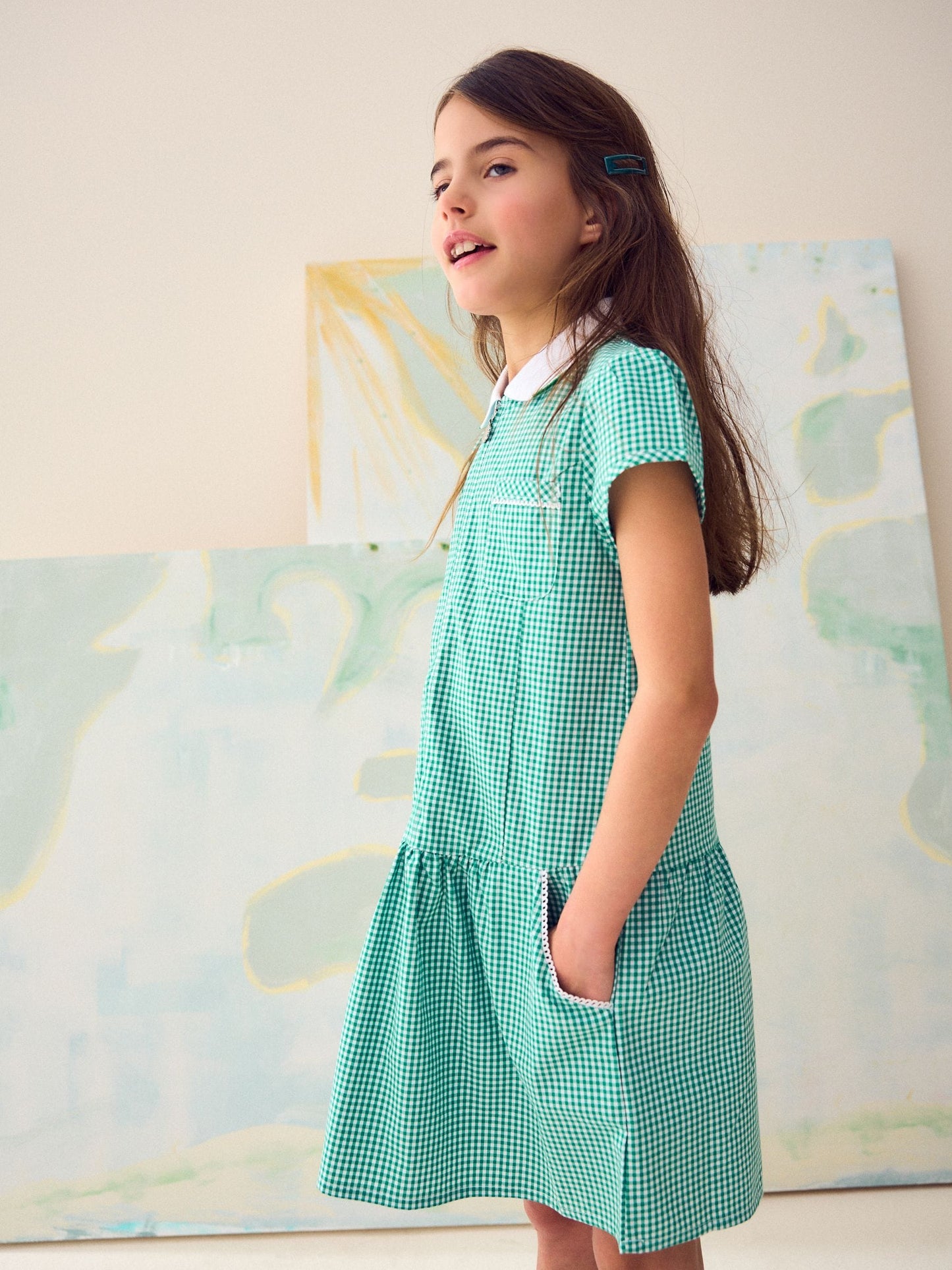 Green Zip Front Cotton Rich Gingham School Dress (3-14yrs) image 3