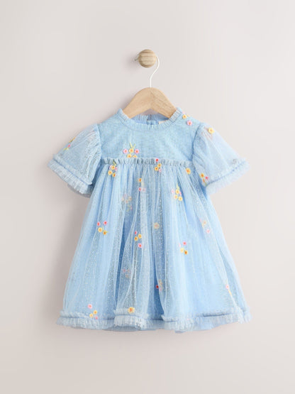 Blue Embroidered Flower Mesh Baby Dress (0mths-2yrs)