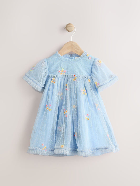 Blue Embroidered Flower Mesh Baby Dress (0mths-2yrs)