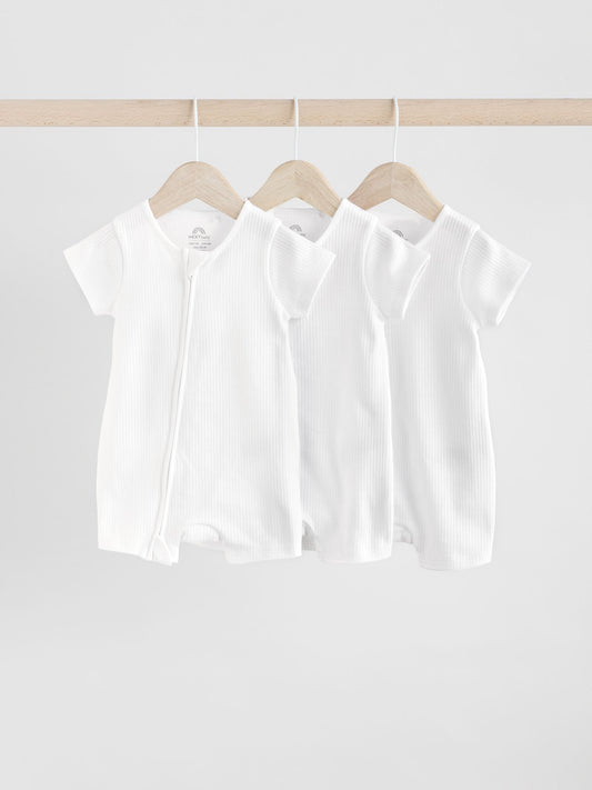 White 3 Pack Two Way Zip Baby 100% Cotton Rompers (0mths-3yrs) image 1