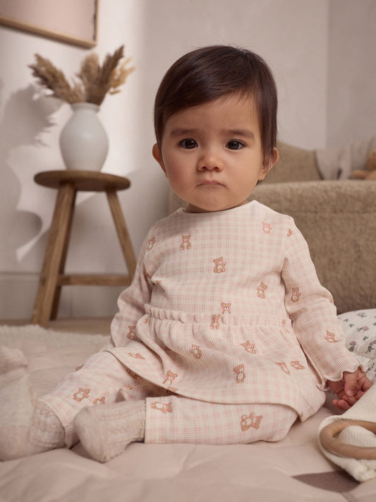 Pink Gingham Bear Print Baby Long Sleeve Frill Top And Leggings Set (0mths-2yrs) image 1