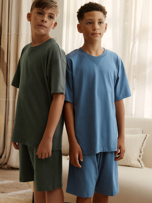 Navy/Grey Plain 100% Cotton Short Pyjamas 2 Pack (3-16yrs) image 1