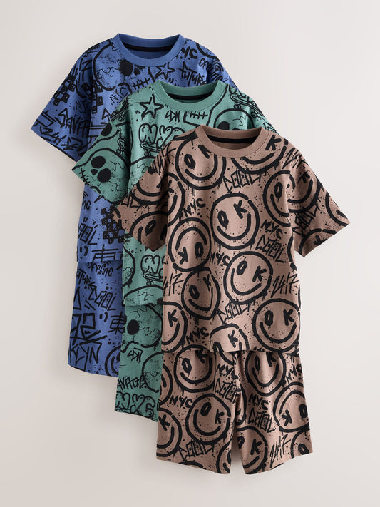 Multi Graffiti 100% Cotton Short Pyjamas 3 Pack (4-16yrs) image 1