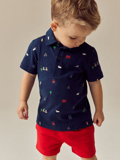 Navy London All Over Print Short Sleeve Polo Shirt And Shorts Set (3mths-7yrs) image 1